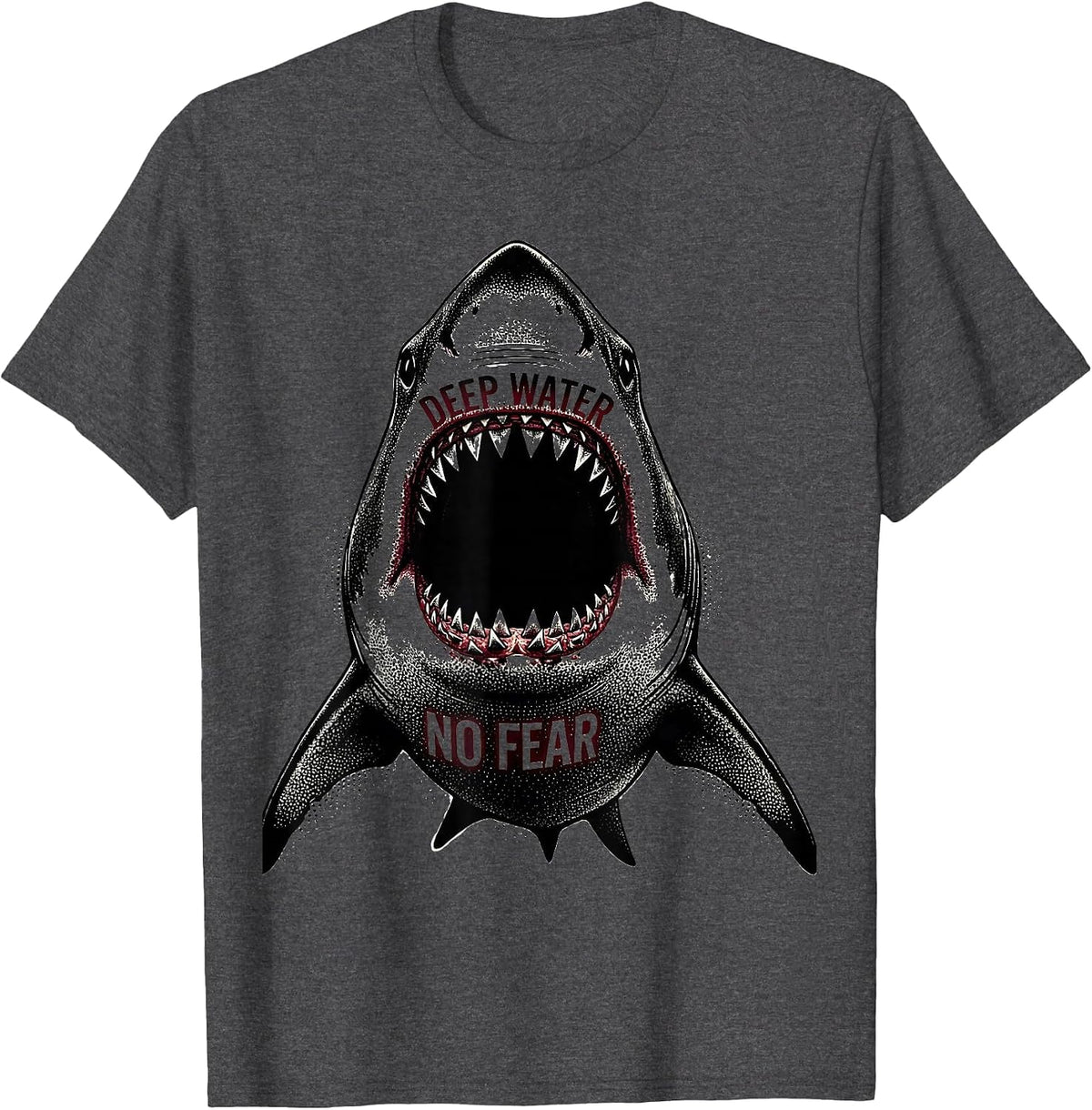 Men's Deep Water No Fear Bold Shark Design T-Shirt - Dark Heather Grey
