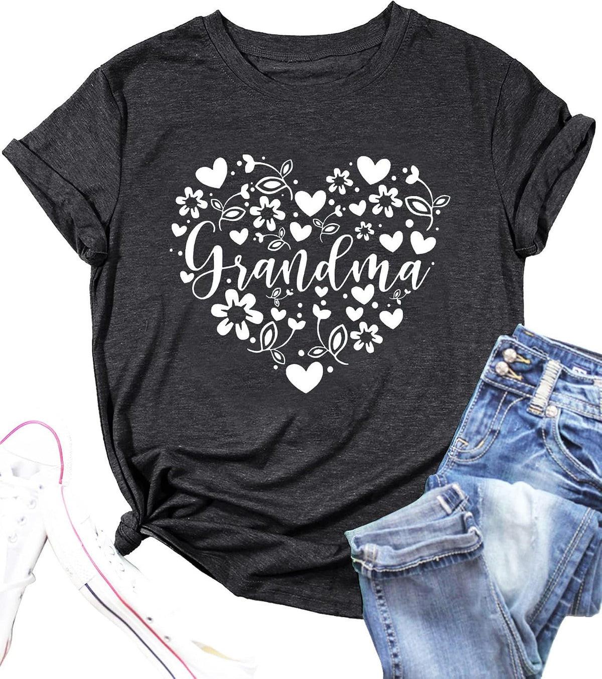 Grandma Tshirts Women Grandmother Life Tee Heart Floral Print Shirts Mama Casual Mother Short Sleeve Top - Dark Grey