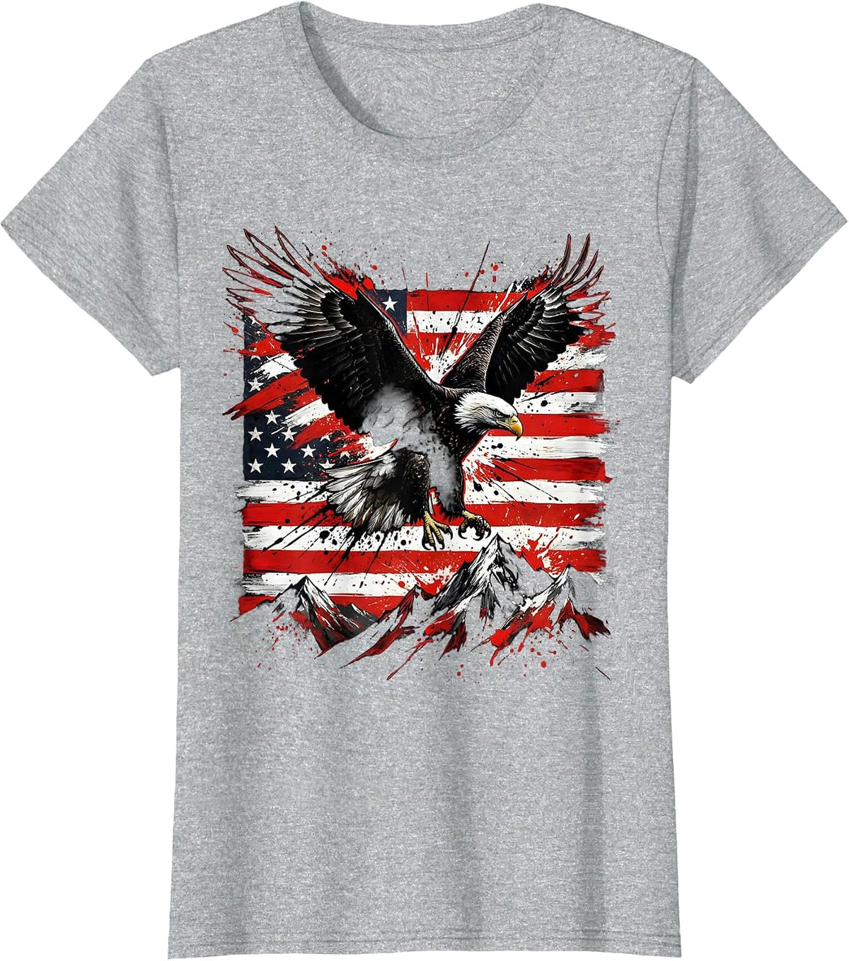 Women's Bald Eagle Over Mountain Peaks USA Freedom T-Shirt - Heather Grey