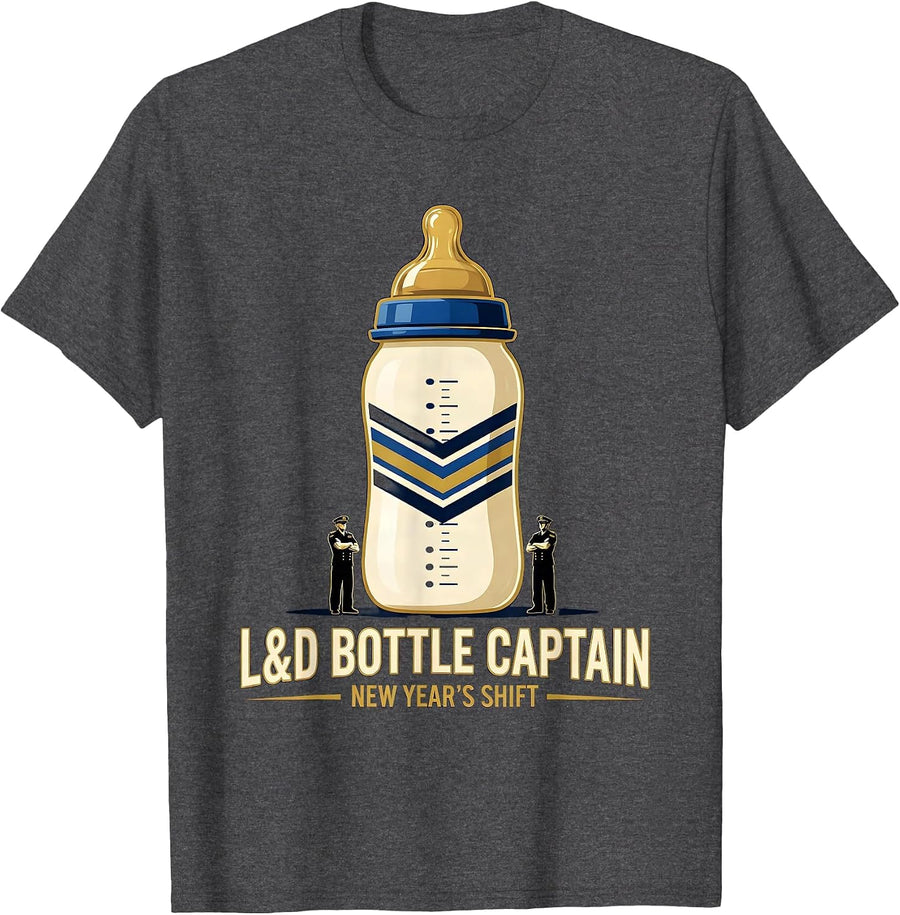 Men's L&D BOTTLE CAPTAIN, NEW YEAR'S SHIFT Humor Nurse New Year T-Shirt - Dark Heather Grey