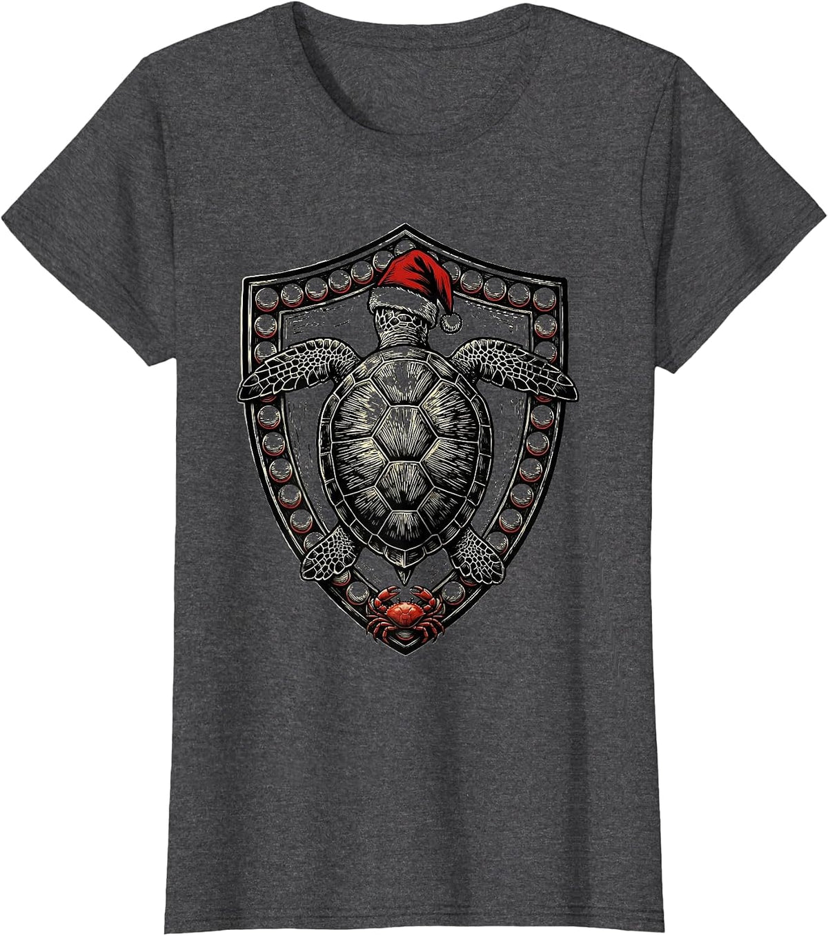 Women's Sea Turtle Santa Hat Woodcut Engraving Christmas Novelty T-Shirt - Dark Heather Grey