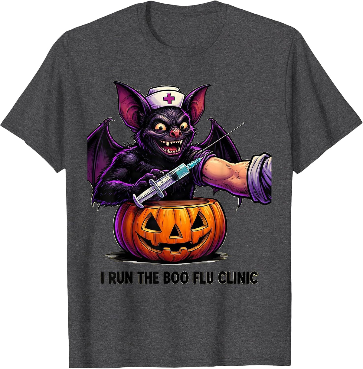 I Run The Boo Flu Clinic Funny Nurse Ghost Halloween Vaccine T-Shirt - Dark Heather Grey