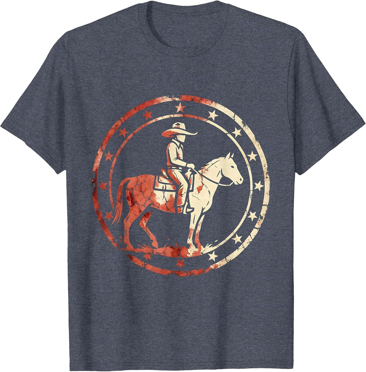 Cowgirl Riding Horse Through Wildflower Meadow T-Shirt - Heather Blue