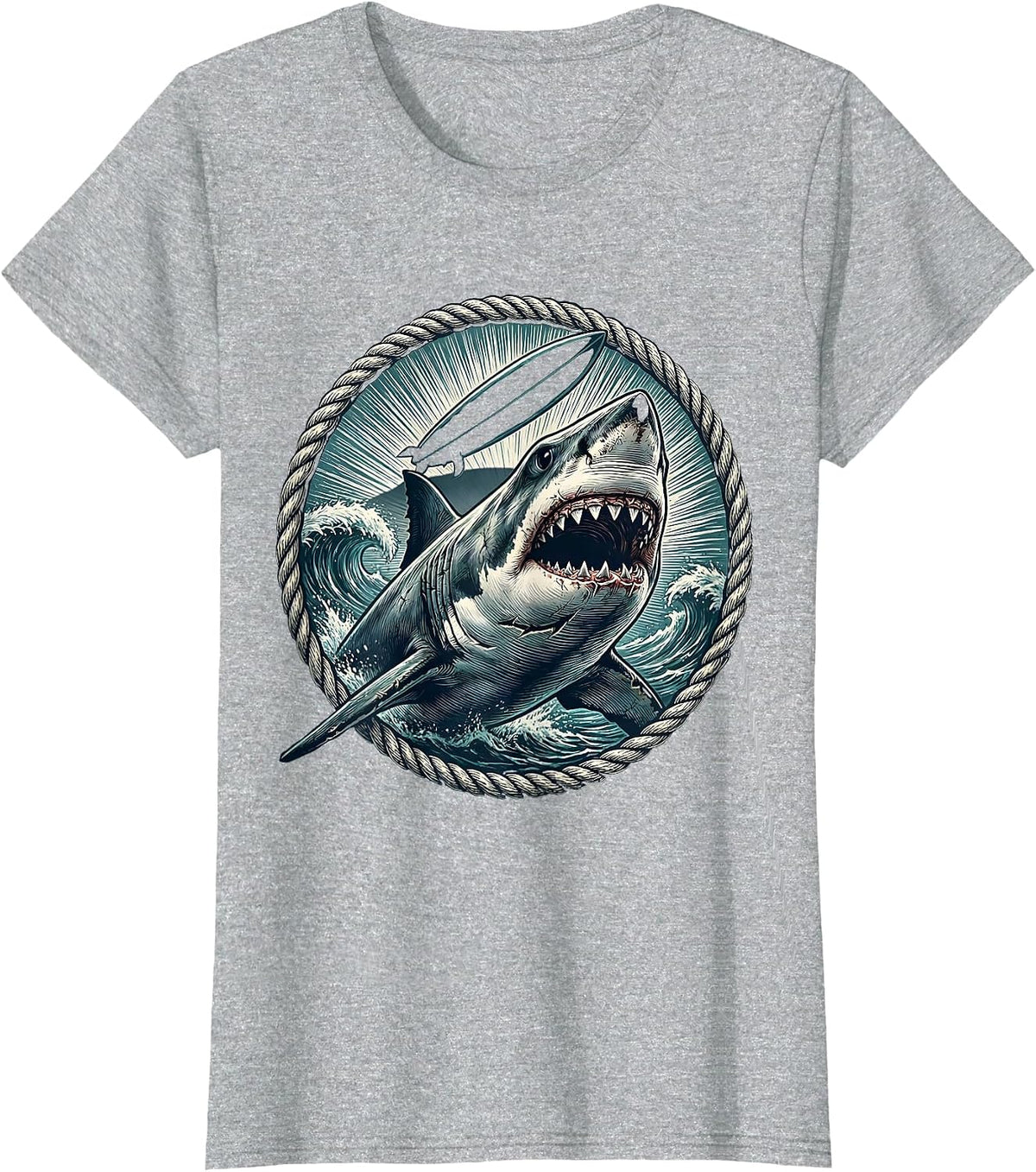 Great White Shark Surfboard Hawaiian Design T-Shirt - Heather Grey