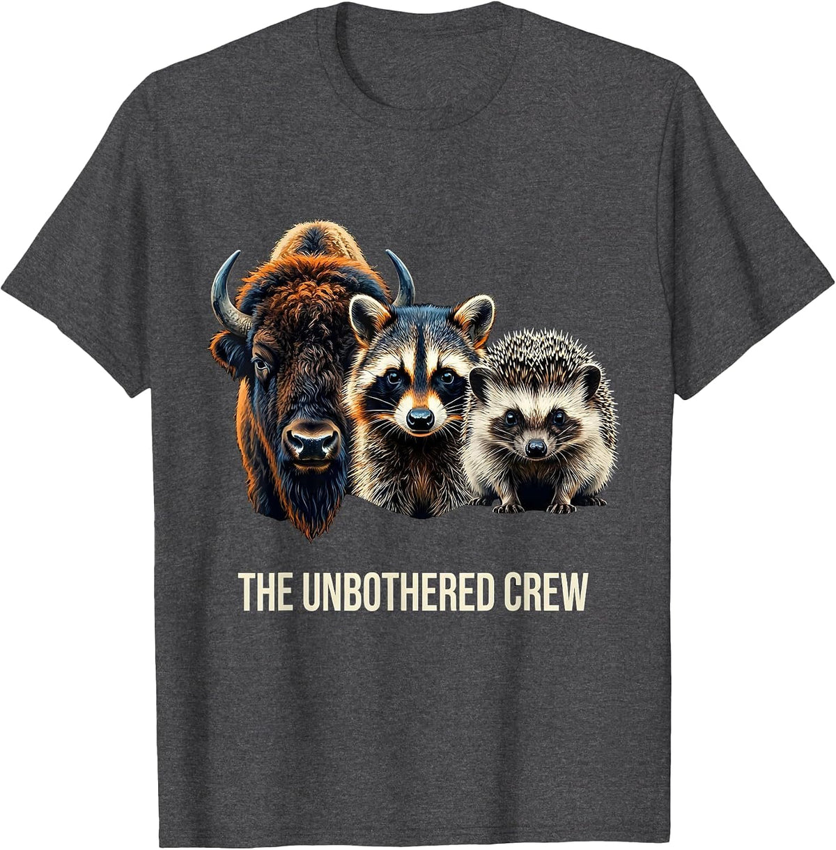 Men's The Unbothered Crew Funny Bison Raccoon Hedgehog Sunglasses T-Shirt - Dark Heather Grey