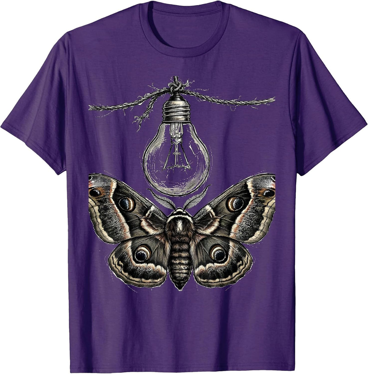 Grunge Moth and Bare Bulb Illustration T-Shirt - Purple