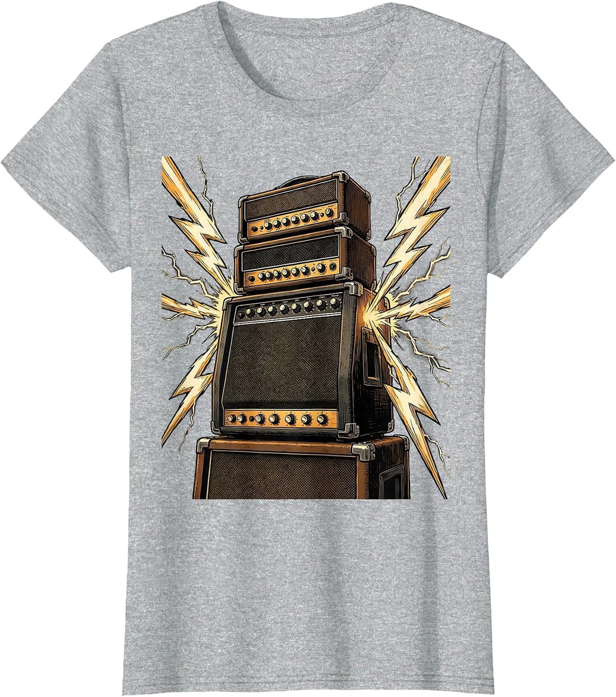 Stacked Amplifier Tower Lightning Bolts Graphic T-Shirt - Heather Grey