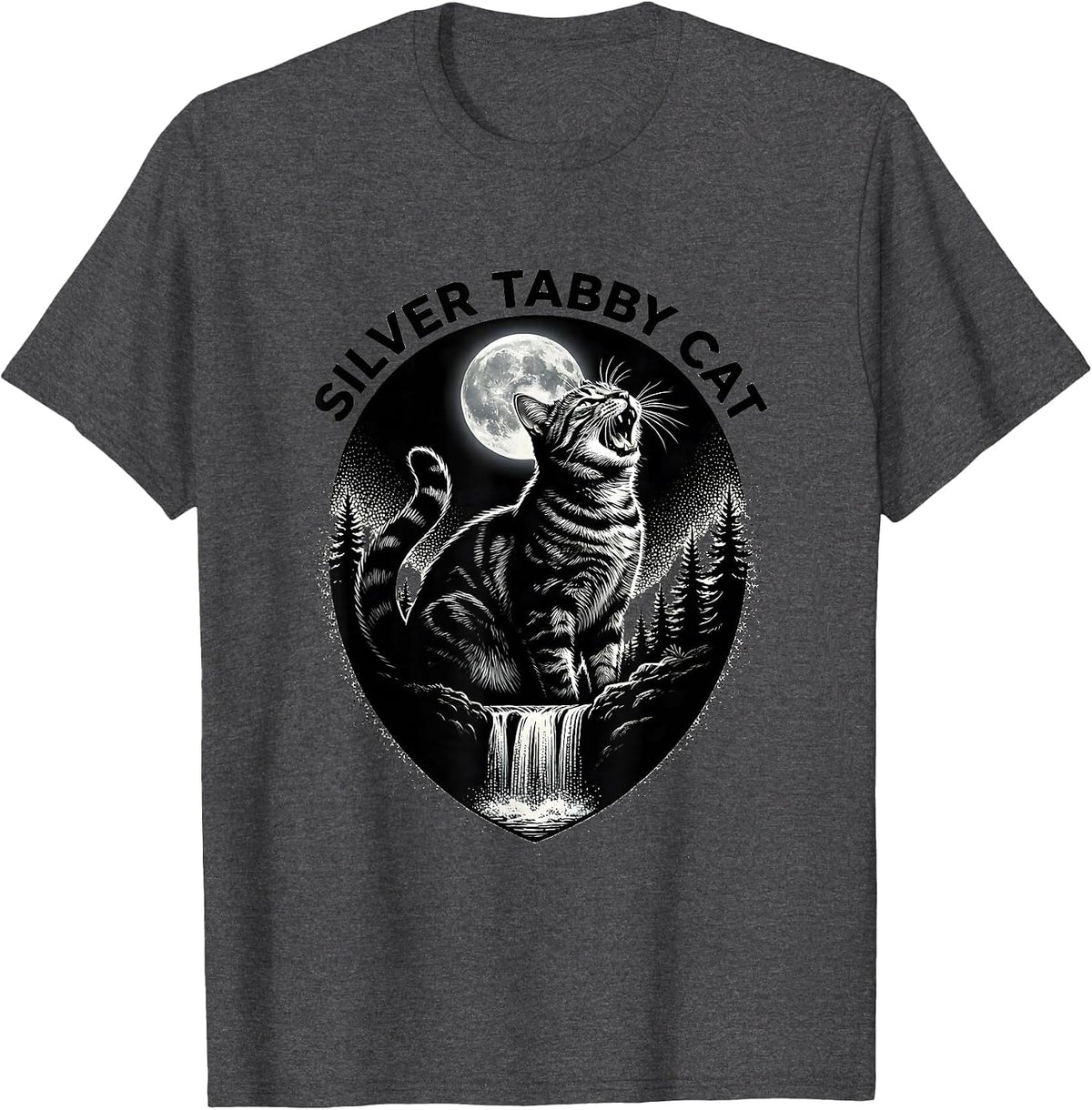 Men's Silver Tabby Cat Howling at Moon 90's Retro T-Shirt - Dark Heather Grey