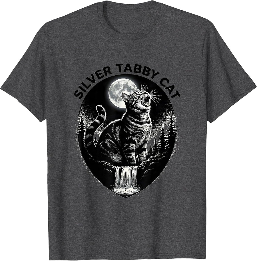 Men's Silver Tabby Cat Howling at Moon 90's Retro T-Shirt - Dark Heather Grey