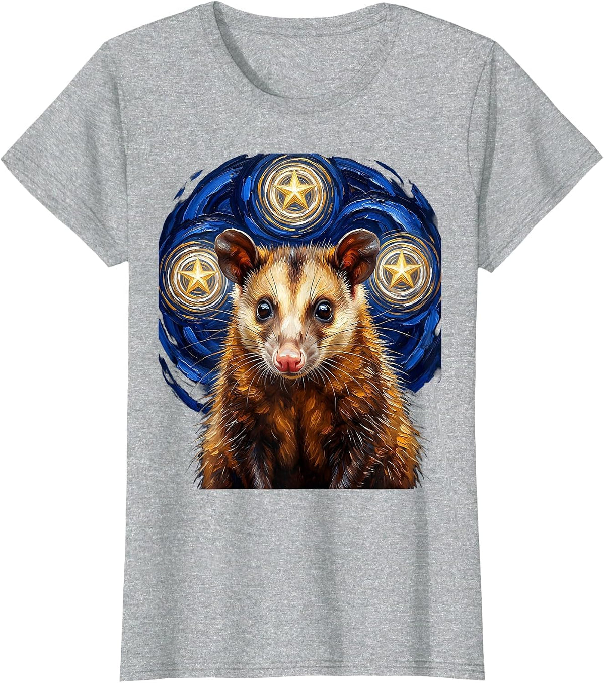 Women's Virginia Opossum Starry Night Animal Lover Surrealism T-Shirt - Heather Grey