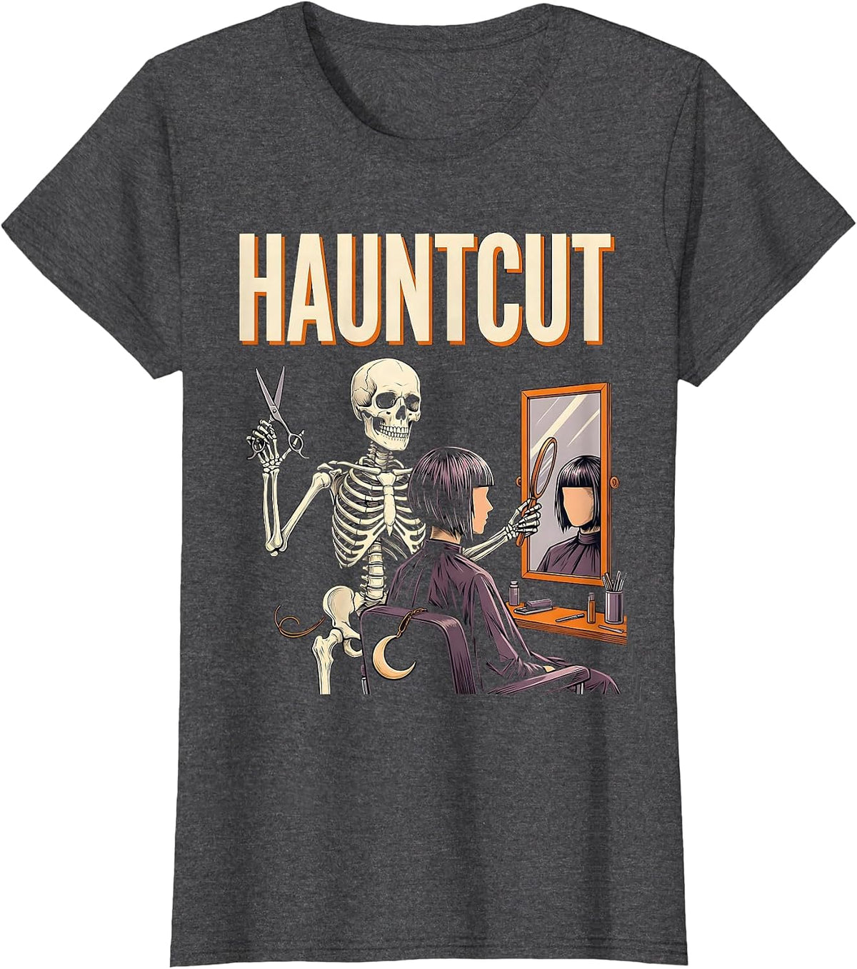 Women's Hauntcut Skeleton Hairstylist Barber Halloween Humor T-Shirt - Dark Heather Grey