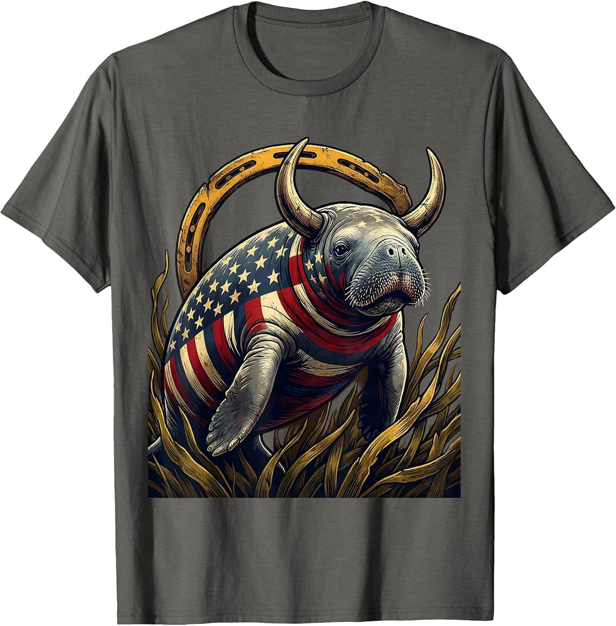 Gulf of America Manatee Seagrass Meadow Illustration T-Shirt - Asphalt Grey