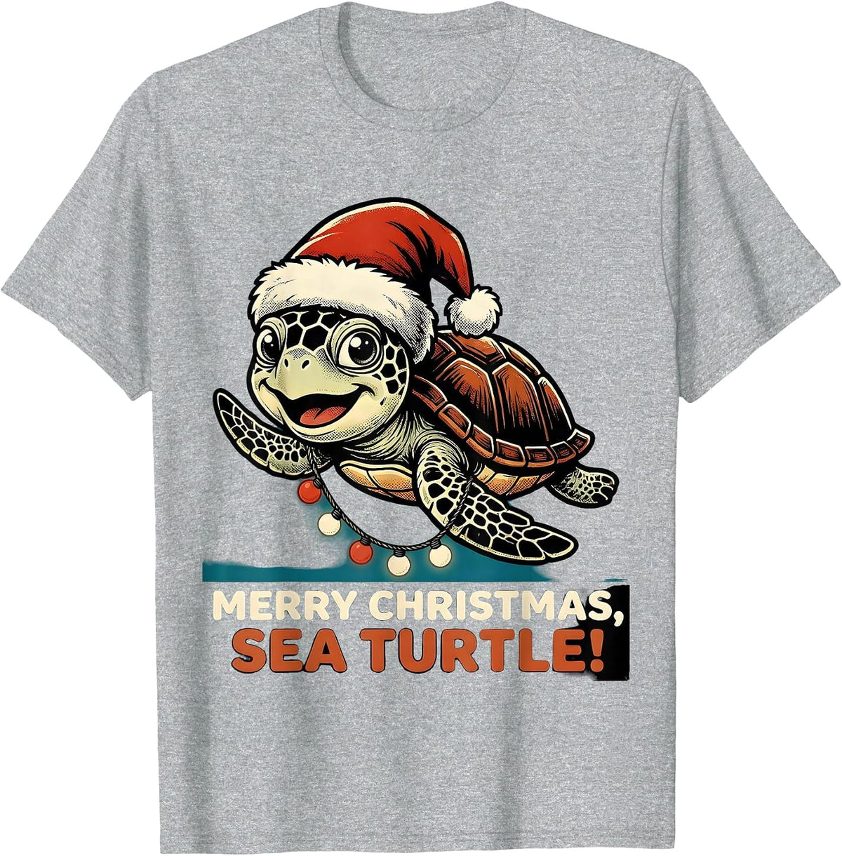 Men's Merry Christmas Sea Turtle Retro Cartoon Santa Hat Holiday T-Shirt - Heather Grey