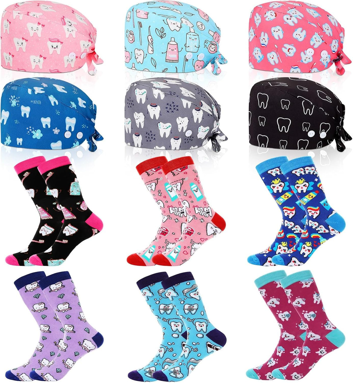 Skicuff 6 Sets Nurse Teeth Scrub Caps with Medical Socks for Women - Teeth