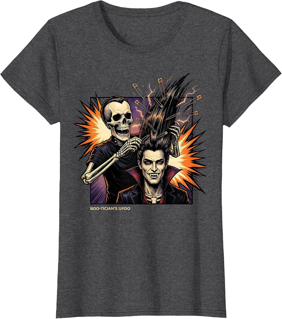 Women's Boo-Tician's Updo Comic Book Skeleton Hairstylist Halloween T-Shirt - Dark Heather Grey