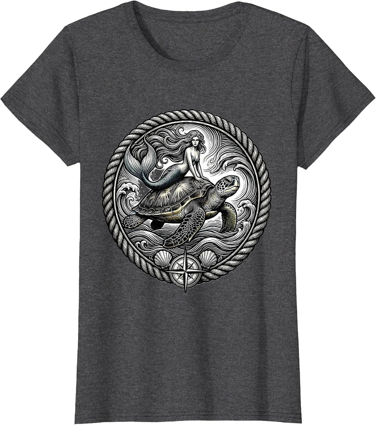 Women's Mermaid Riding Giant Sea Turtle Ocean Waves T-Shirt - Dark Heather Grey