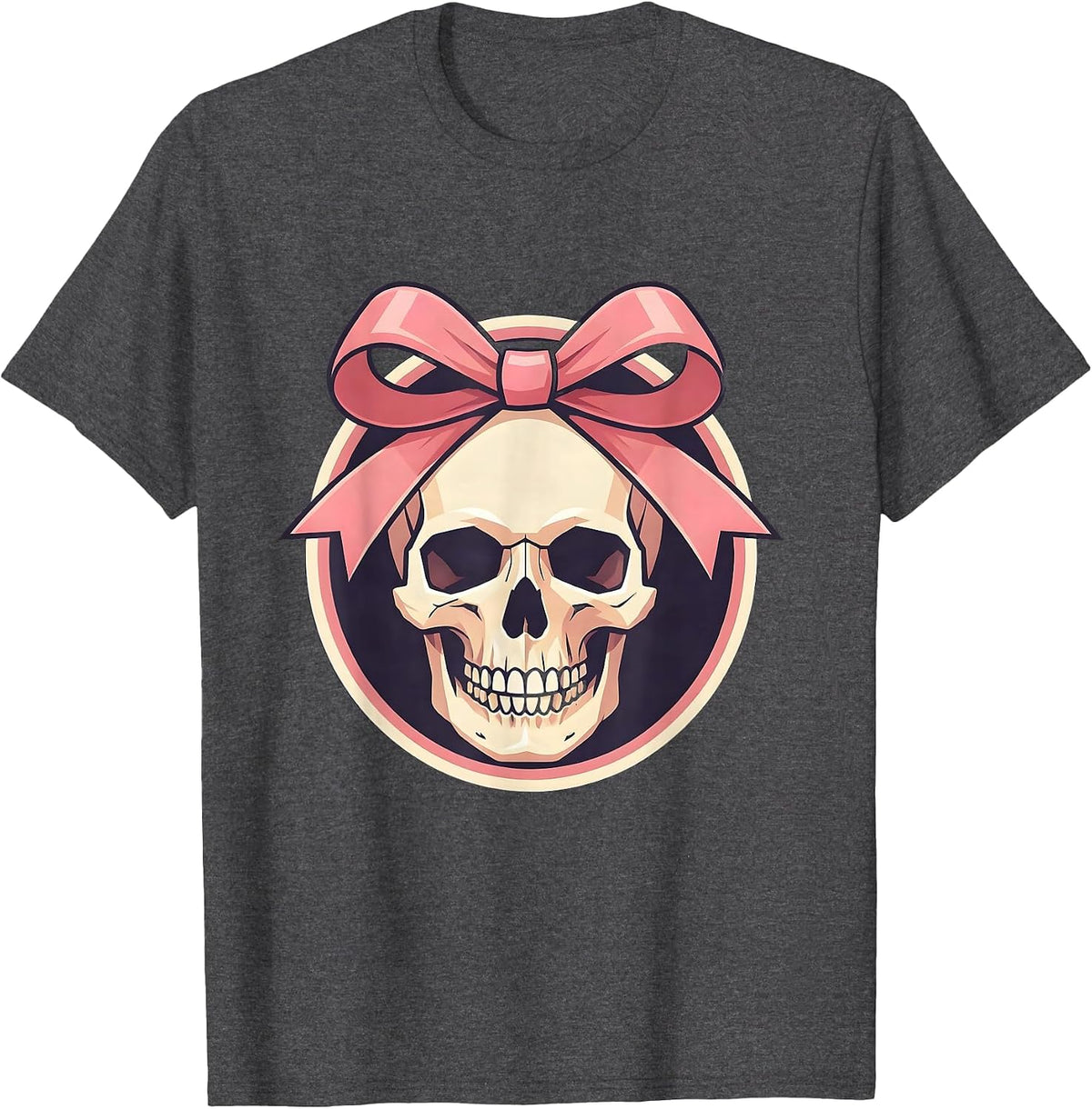 Pink Bow on Skull Graphic Design T-Shirt - Dark Heather Grey