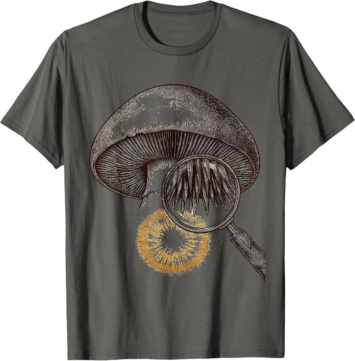 Men's Oversized Hedgehog Mushroom Crosshatch Etching Mycology T-Shirt - Asphalt Grey