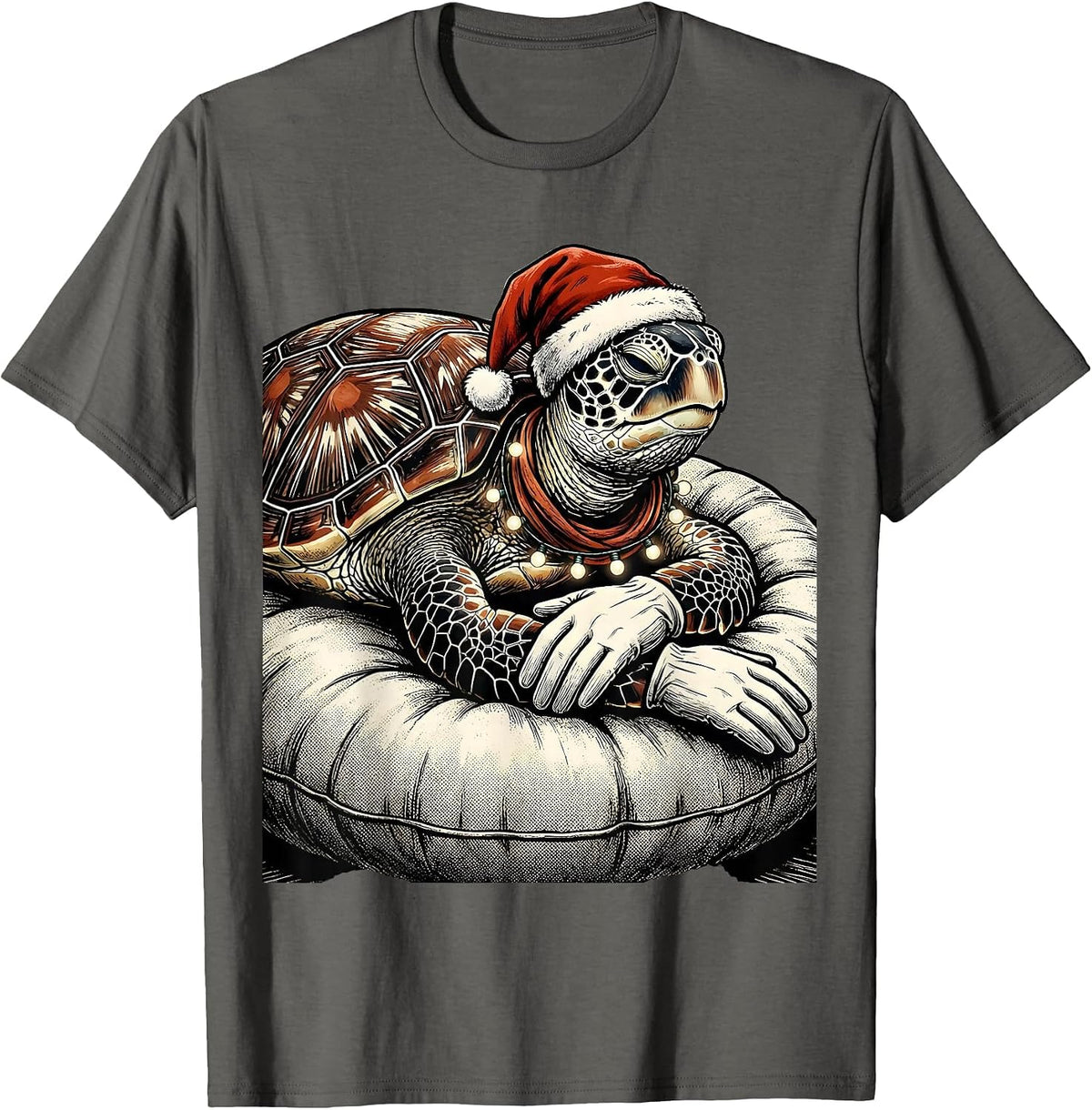 Sea Turtle Santa Hat Retro Cartoon Holiday Novelty T-Shirt - Asphalt Grey