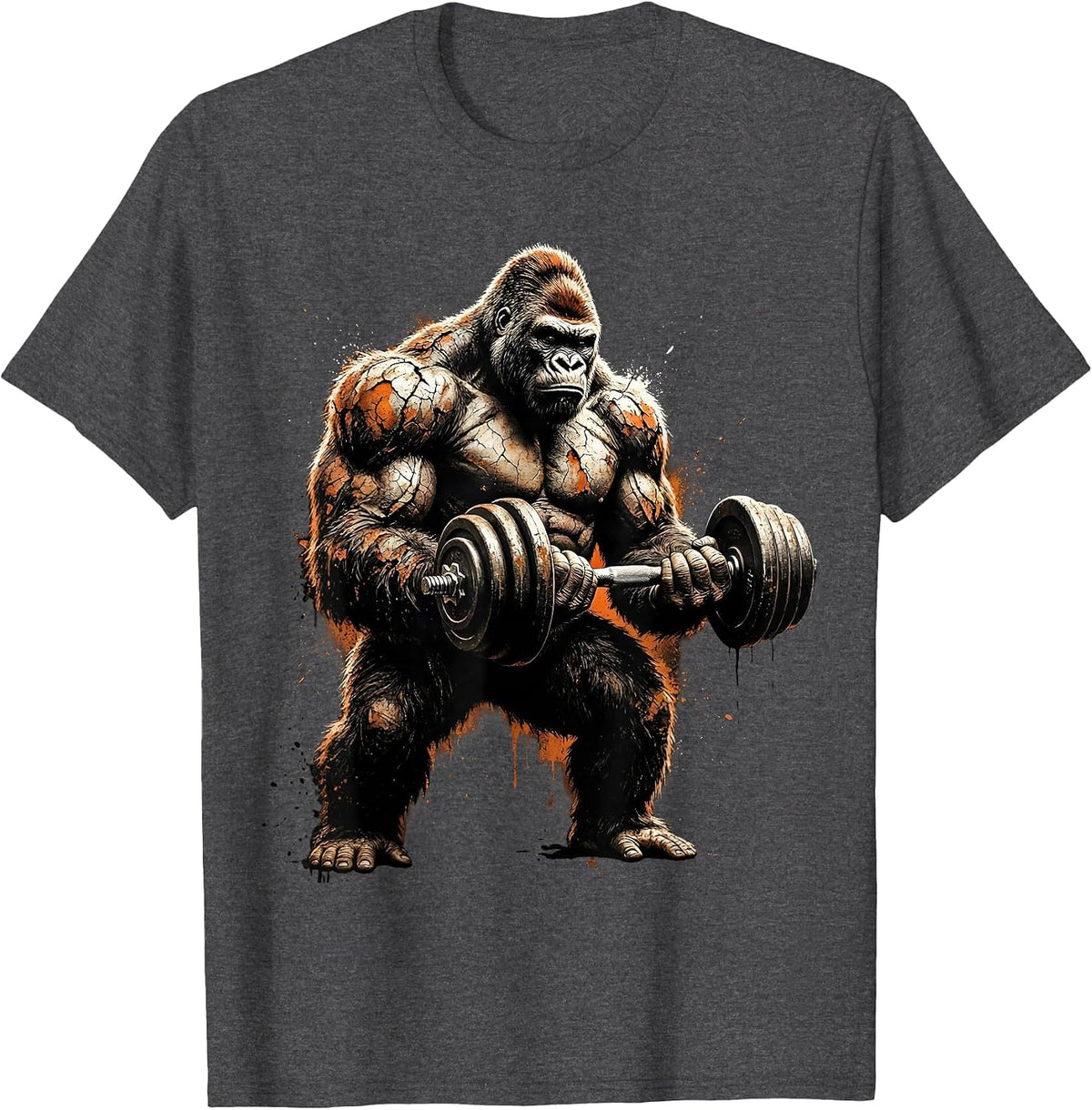 Gorilla Dumbbell Curls Gym Workout Graphic T-Shirt - Dark Heather Grey