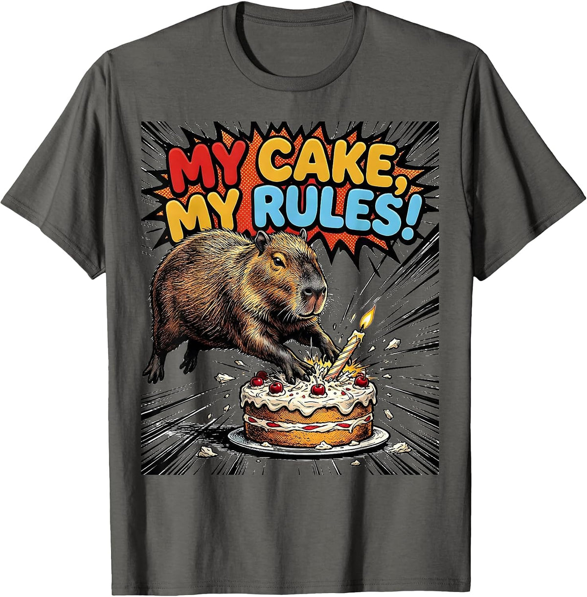 My Cake My Rules Comic Book Capybara Kids Birthday Party T-Shirt - Asphalt Grey