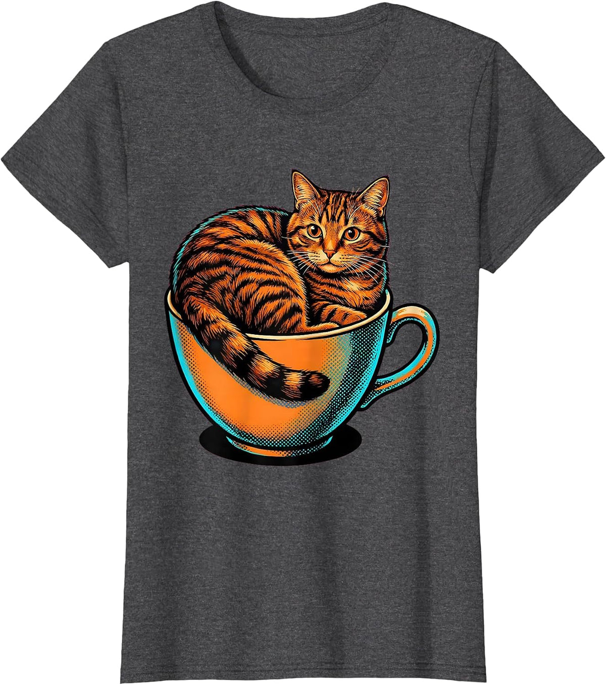 Women's Cozy Tabby Cat Curled in a Teacup Illustration T-Shirt - Dark Heather Grey