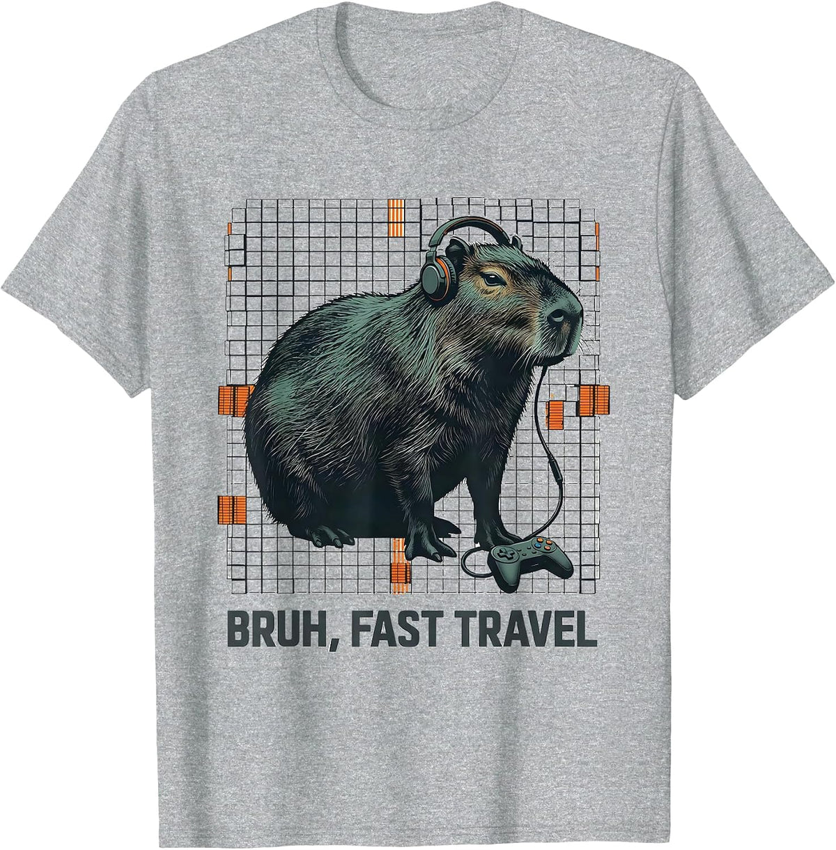 Men's Bruh, Fast Travel Editorial Conceptual Capybara Gamer Meme T-Shirt - Heather Grey