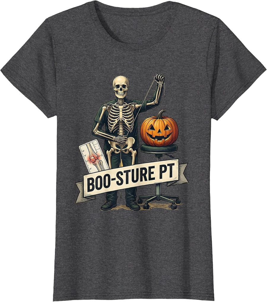 Women's Boo-sture PT Funny Physical Therapy Halloween Therapist T-Shirt - Dark Heather Grey