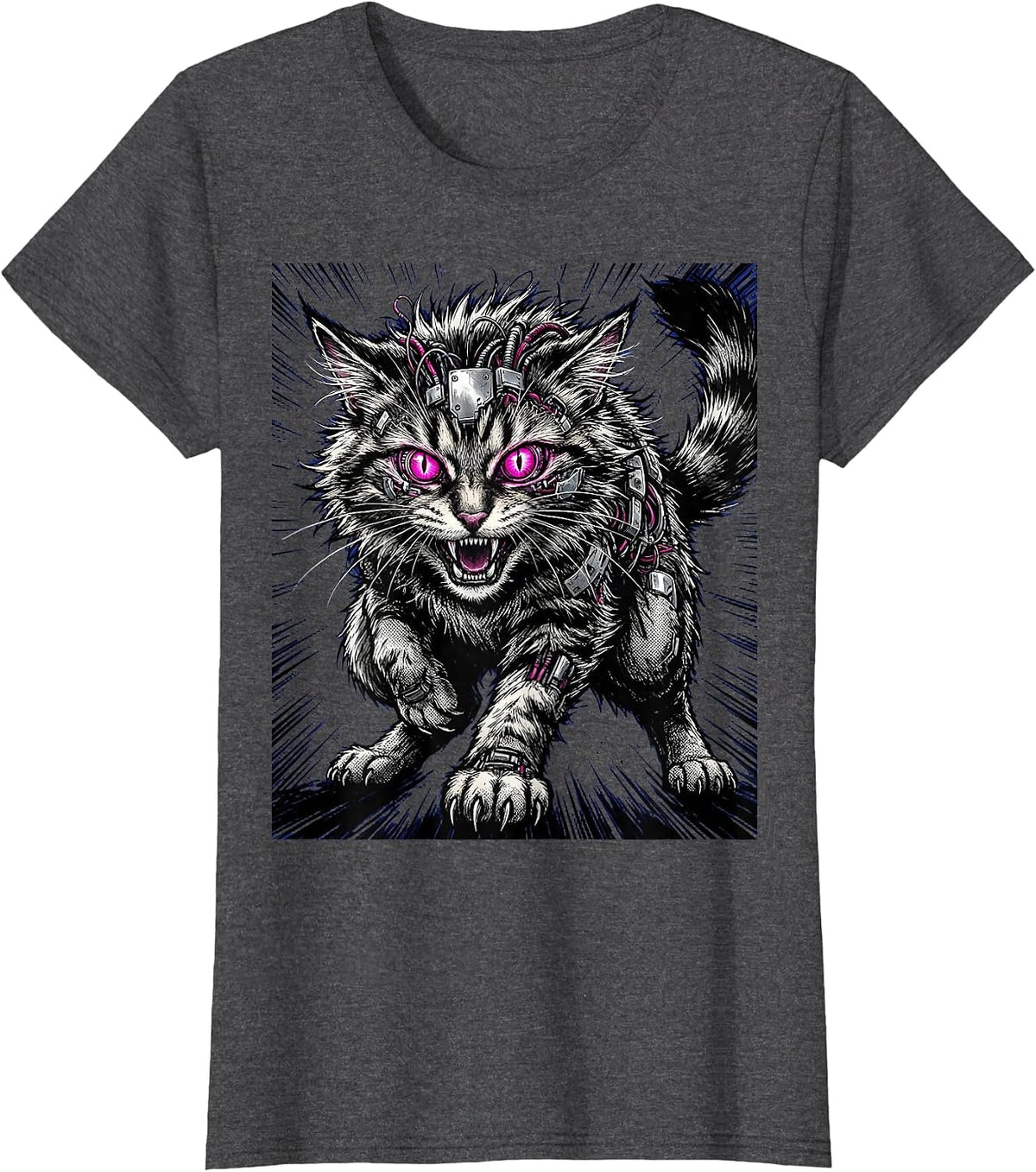 Women's Feral Cyberpunk Cat Neon Cybernetic Eyes Design T-Shirt - Dark Heather Grey