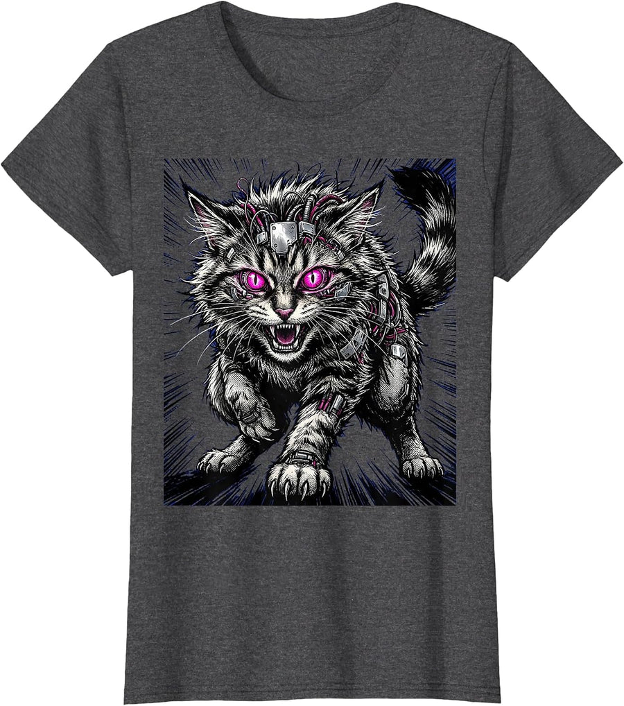 Women's Feral Cyberpunk Cat Neon Cybernetic Eyes Design T-Shirt - Dark Heather Grey