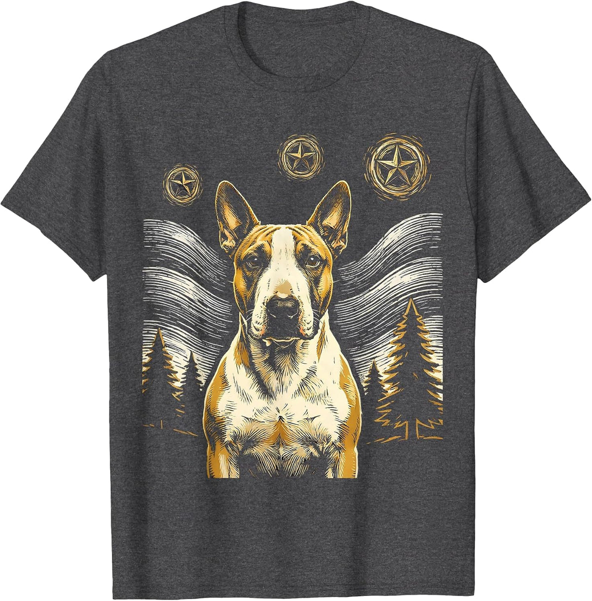 Men's Bull Terrier Dog Van Gogh Style Starry Night Graphic T-Shirt - Dark Heather Grey