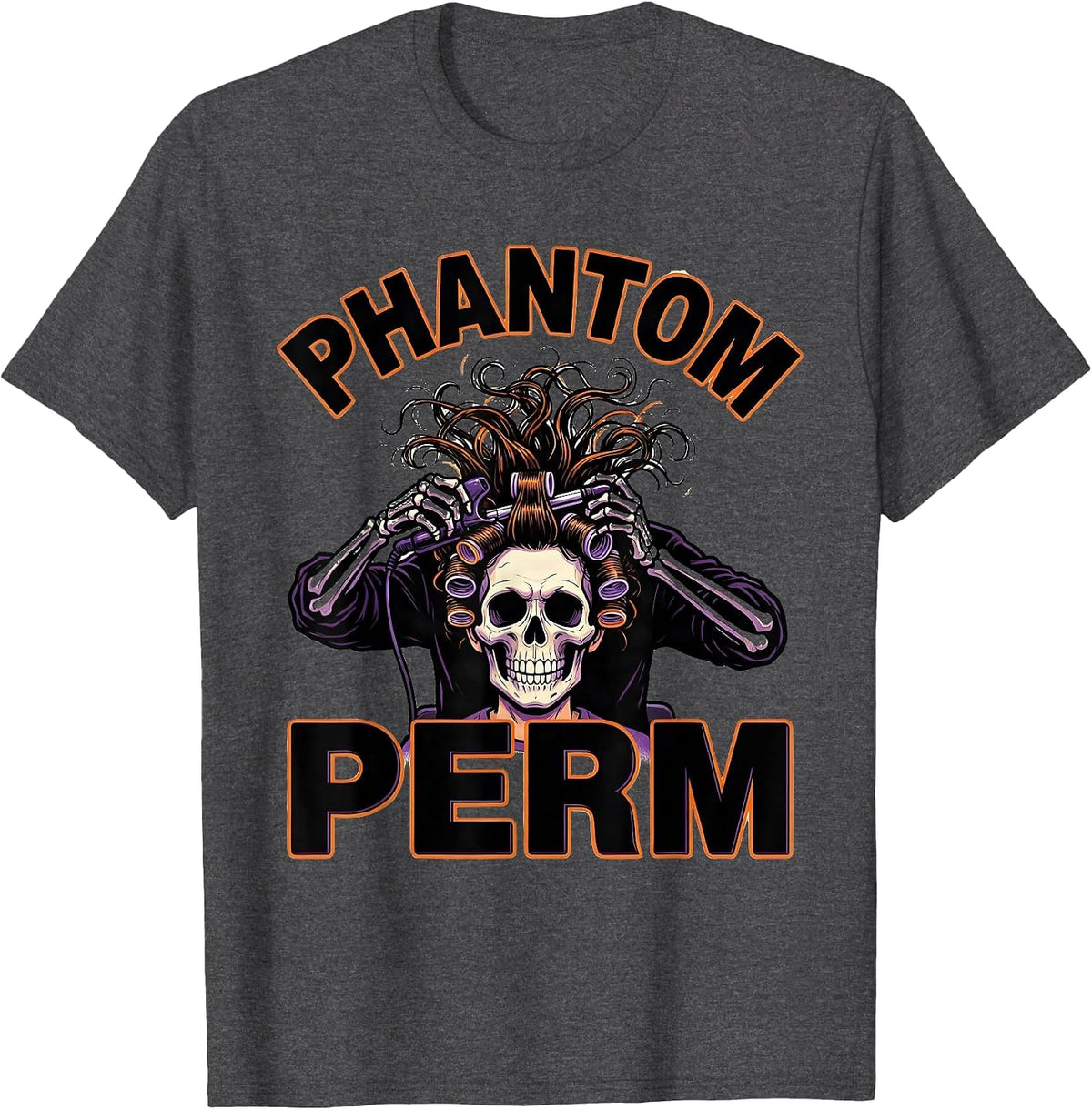 Men's Phantom Perm Cartoon Skeleton Hairstylist Halloween Barber T-Shirt - Dark Heather Grey