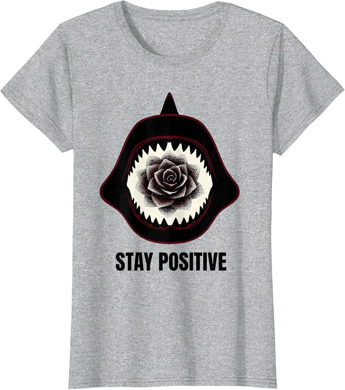 Women's Stay Positive Blackwork Dotwork Shark Jaw Wildlife Humor T-Shirt - Heather Grey
