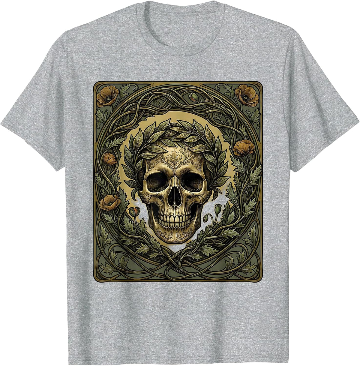 Men's Renaissance Skull Laurel Wreath Crown Art Design T-Shirt - Heather Grey