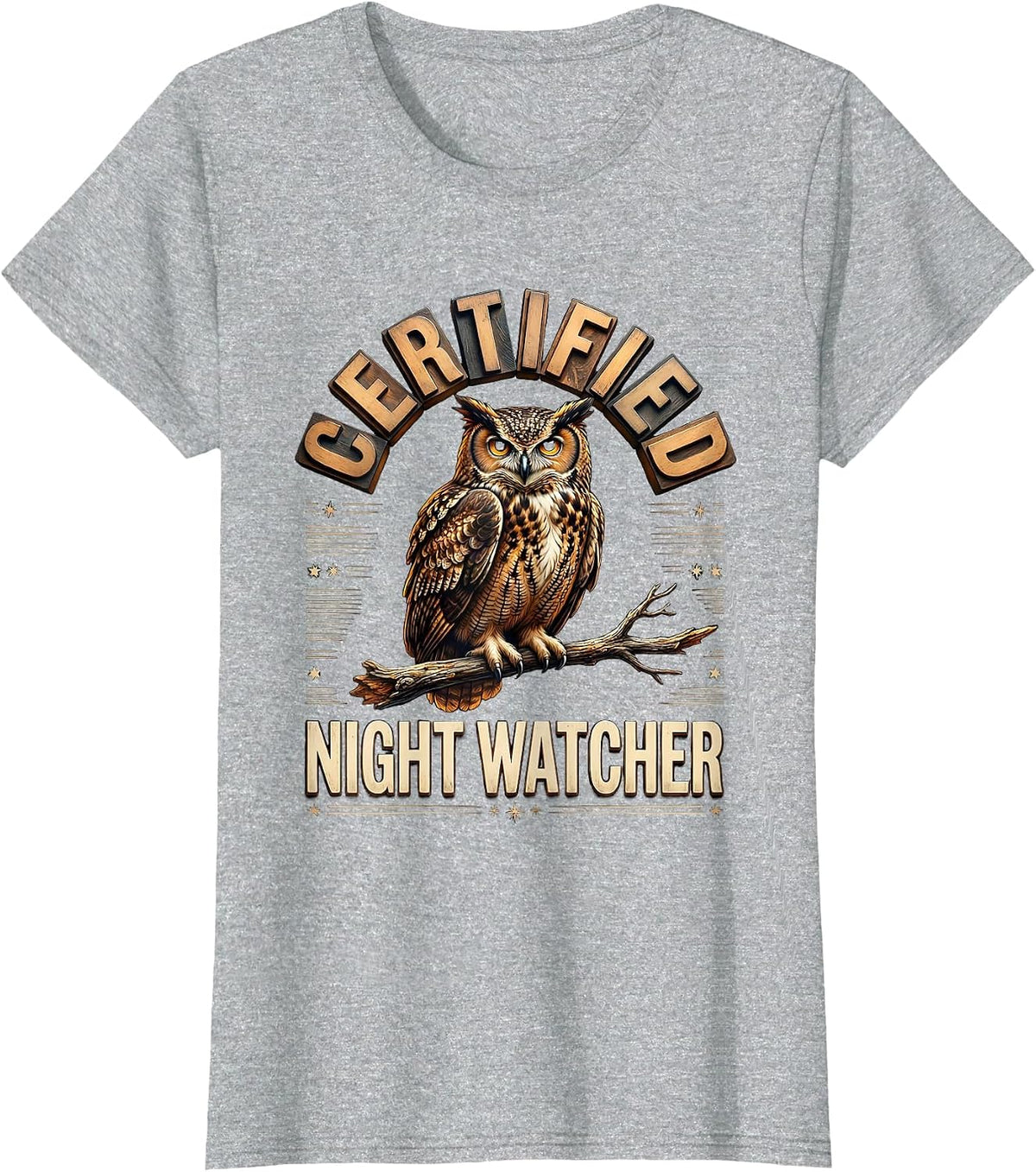 Certified Night Watcher Funny Owl Lover Birdwatcher Retro T-Shirt - Heather Grey