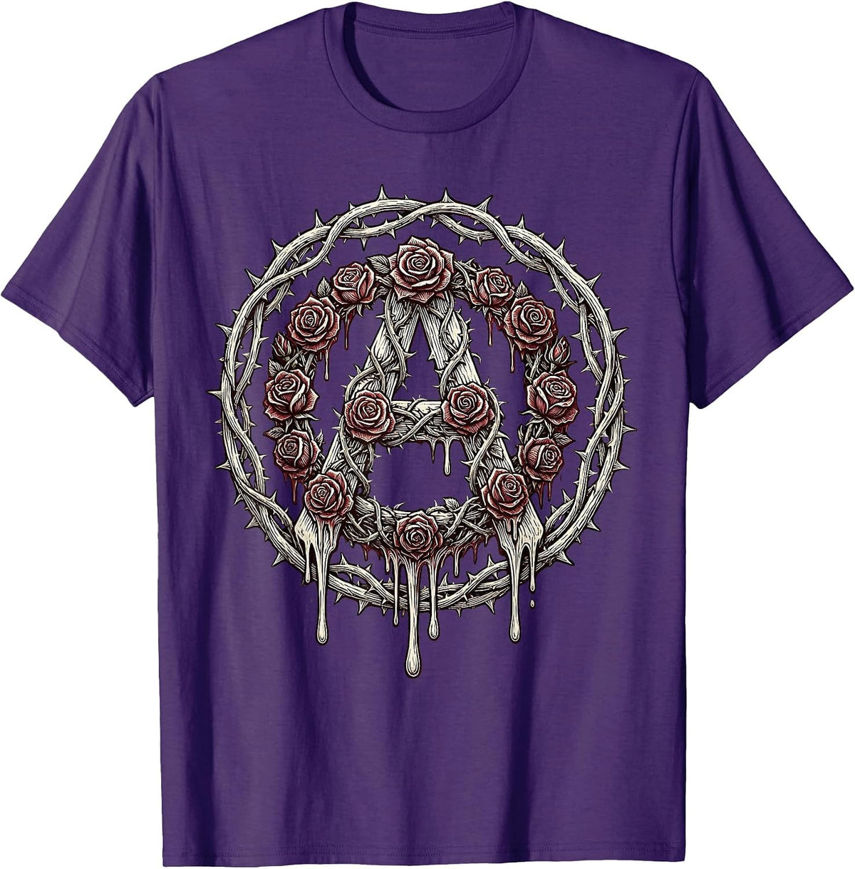 Men's Dripping Rose Anarchy Symbol Punk Art Design T-Shirt - Purple