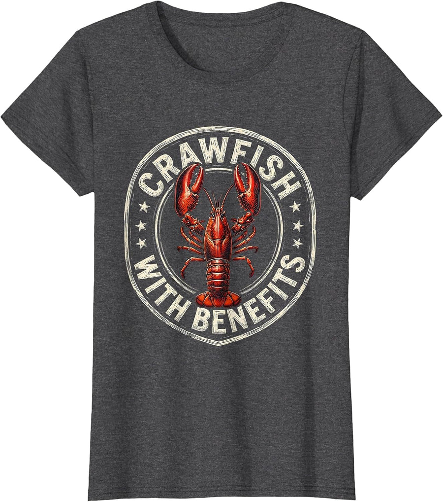 Women's Crawfish With Benefits Funny Cajun Louisiana Mardi Gras T-Shirt - Dark Heather Grey