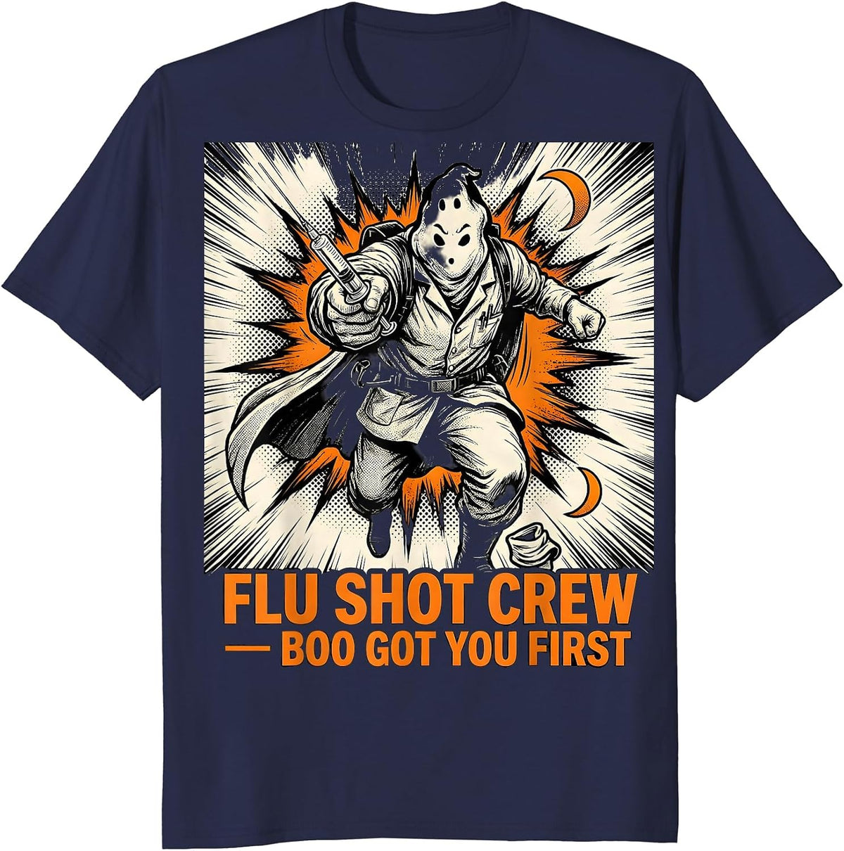 Flu Shot Crew Boo Got You First Funny Nurse Ghost Halloween T-Shirt - Navy Blue