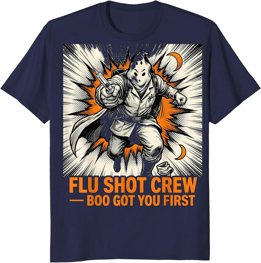 Flu Shot Crew Boo Got You First Funny Nurse Ghost Halloween T-Shirt - Navy Blue