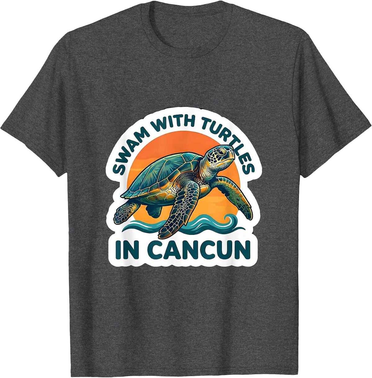 Men's Swam With Turtles In Cancun Sticker Style Tropical Souvenir T-Shirt - Dark Heather Grey