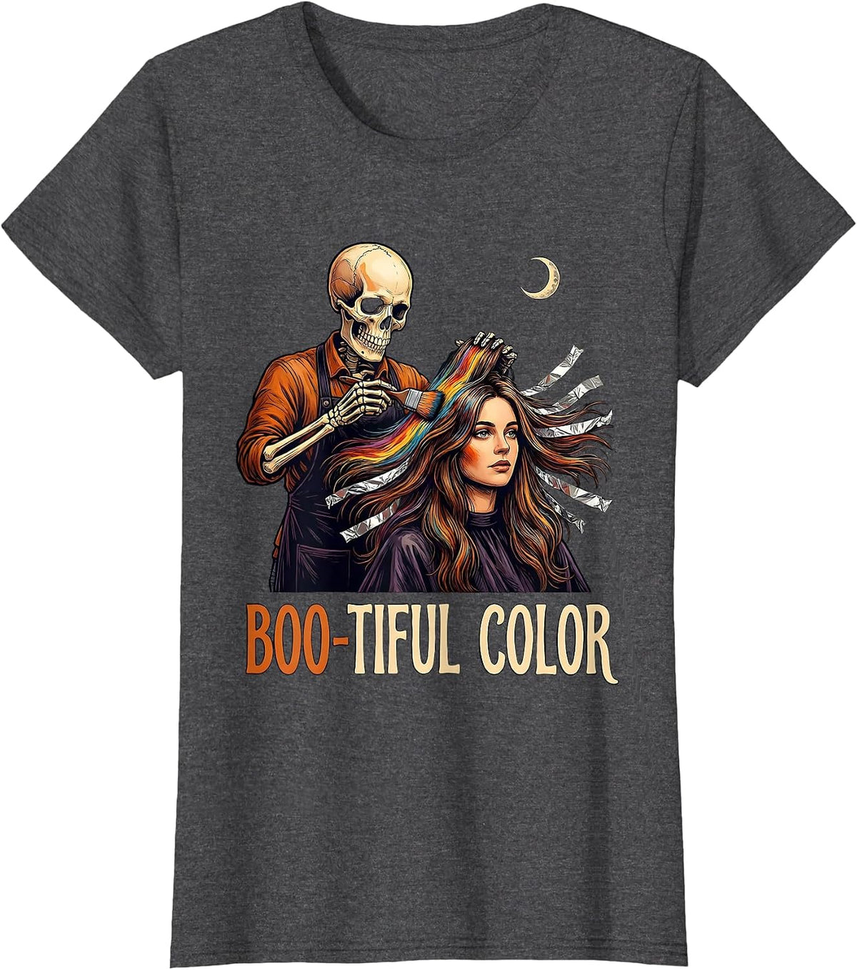 Women's Boo-tiful Color Funny Skeleton Hairstylist Halloween Barber T-Shirt - Dark Heather Grey