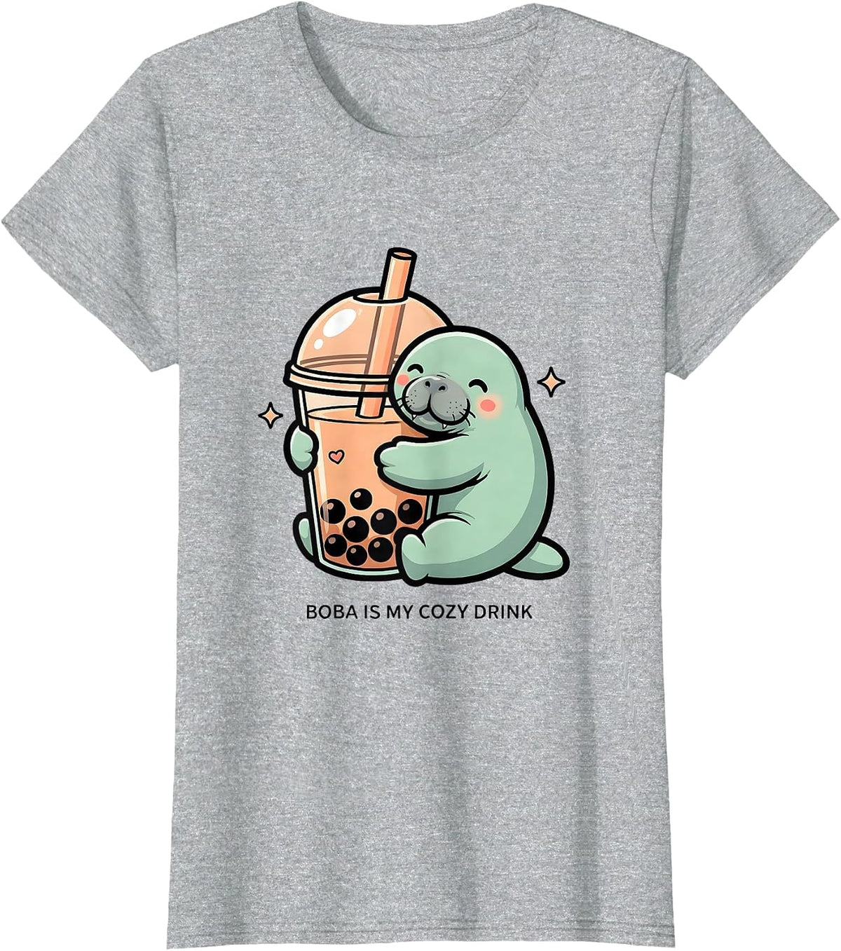 Boba Is My Cozy Drink Cute Kawaii Manatee Bubble Tea Lover T-Shirt - Heather Grey