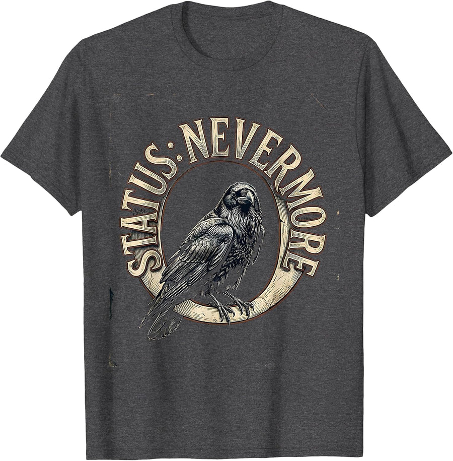 Men's Status Nevermore Vintage Gothic Edgar Allan Poe Raven Fan T-Shirt - Dark Heather Grey