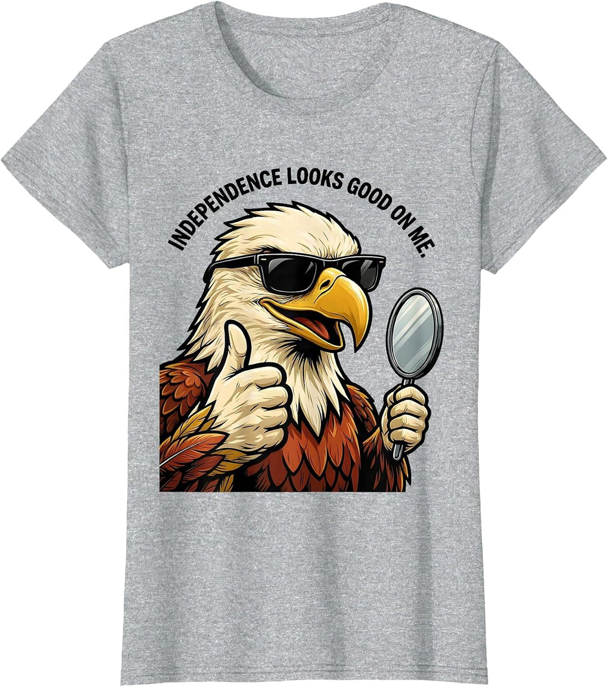 Women's Independence Looks Good On Me Retro Eagle Mascot Patriotic T-Shirt - Heather Grey