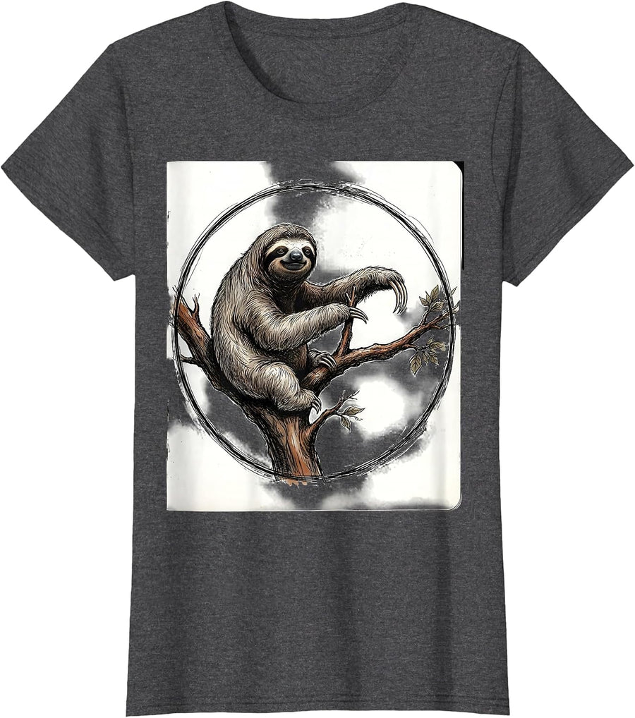 Women's Sloth Lover Hand-Sketched Novelty Humor T-Shirt - Dark Heather Grey