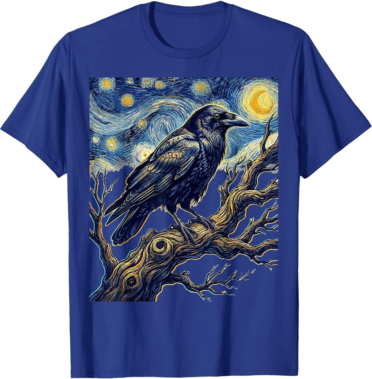 Van Gogh Raven on Winter Branch Graphic T-Shirt - Royal Blue