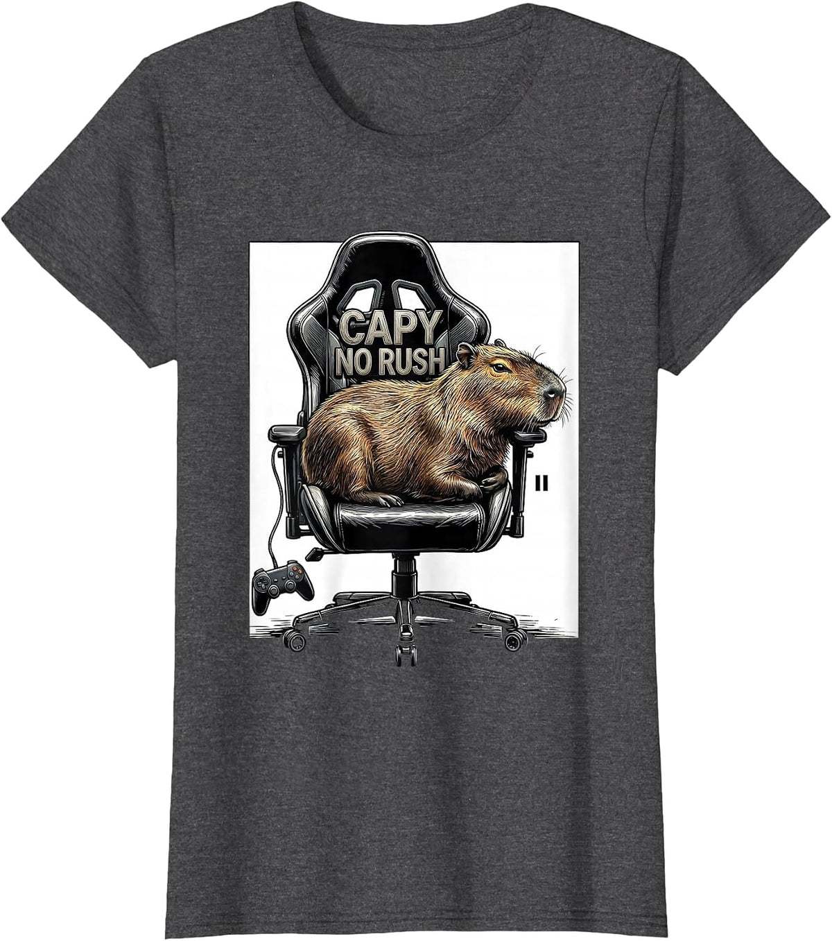 Women's Capy No Rush Funny Capybara Gamer Gaming Humor T-Shirt - Dark Heather Grey