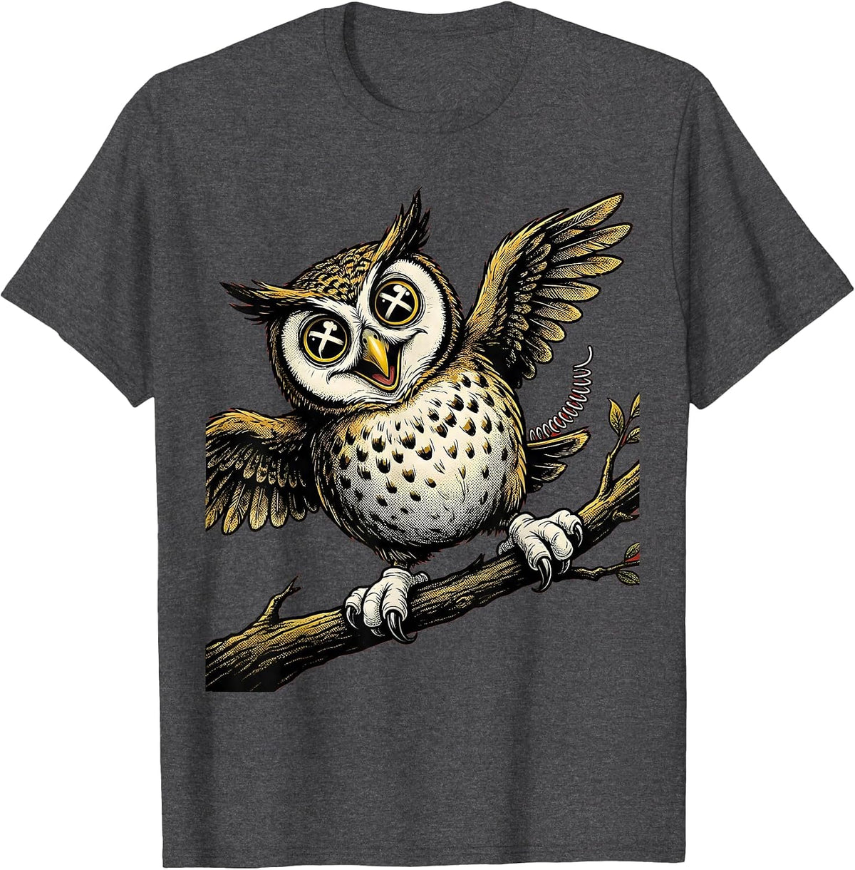 Men's Derpy Cross-Eyed Owl on a Tilted Branch T-Shirt - Dark Heather Grey