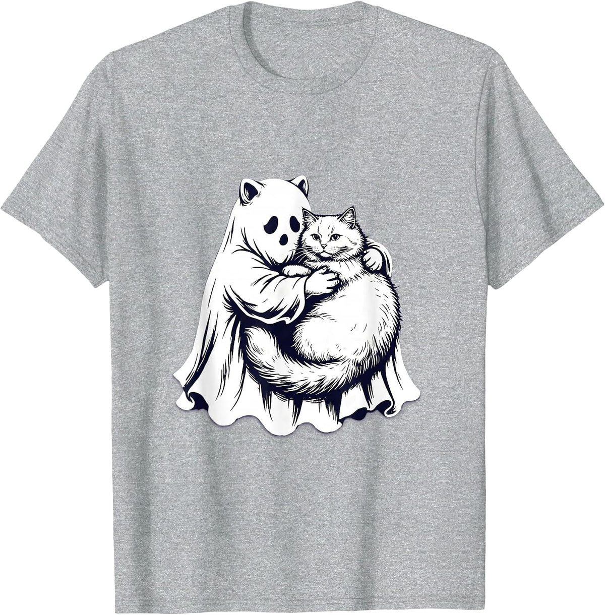 Men's Cute Ghost Hugging Fluffy Tabby Cat Illustration T-Shirt - Heather Grey