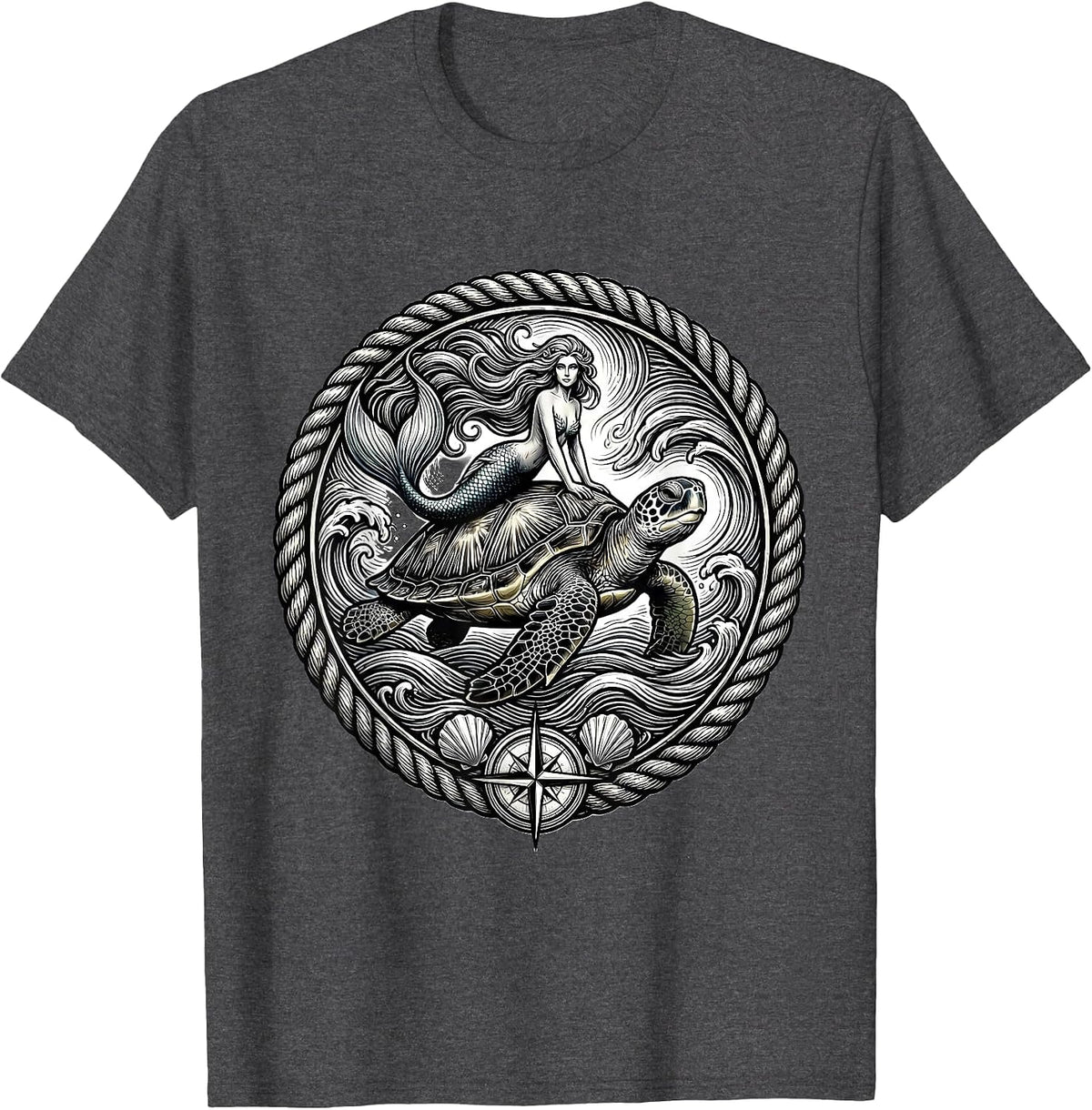 Men's Mermaid Riding Giant Sea Turtle Ocean Waves T-Shirt - Dark Heather Grey